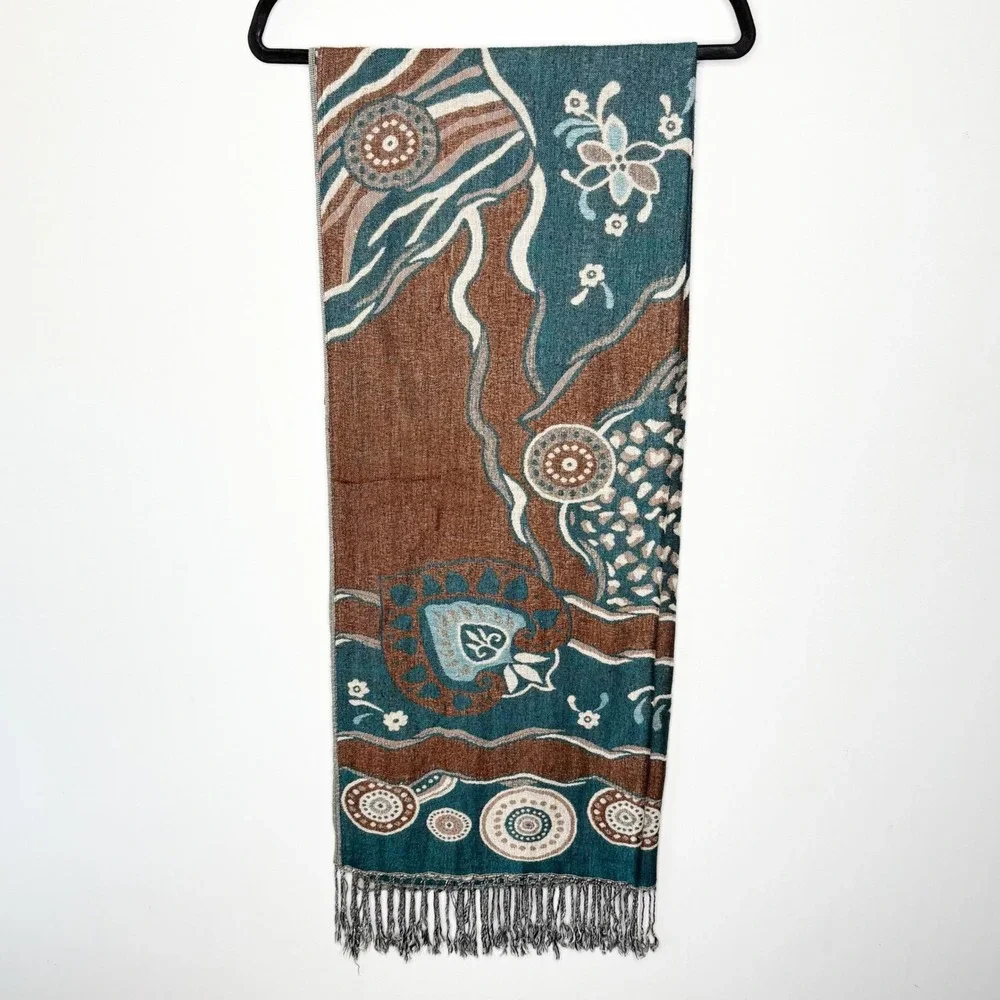 Pashmina Silk Scarf Teal Brown Floral Paisley Reversible Fringe Wrap Shawl 68x26